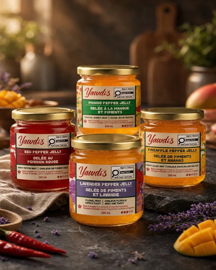 Four Yawdi's pepper jellies in a warm kitchen