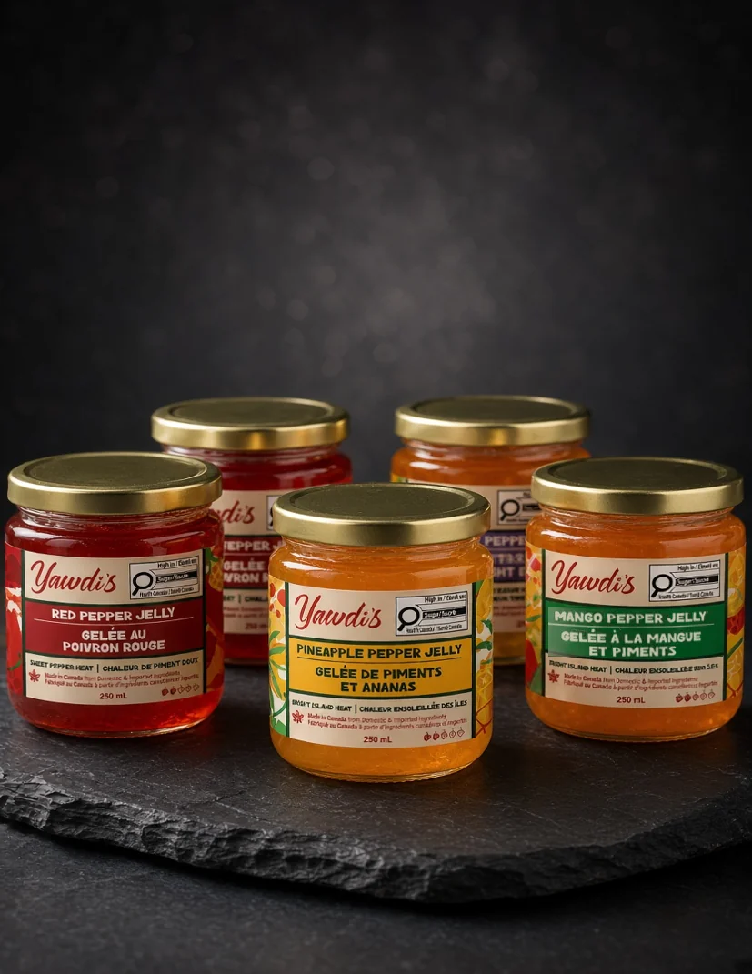 Yawdi's pepper jellies lined up on slate