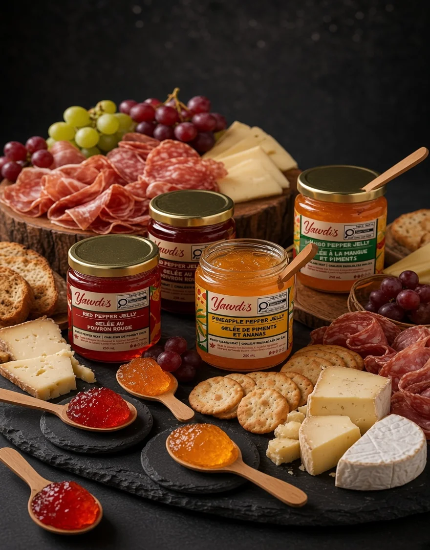 Charcuterie board with Yawdi's pepper jellies, cheeses and crackers